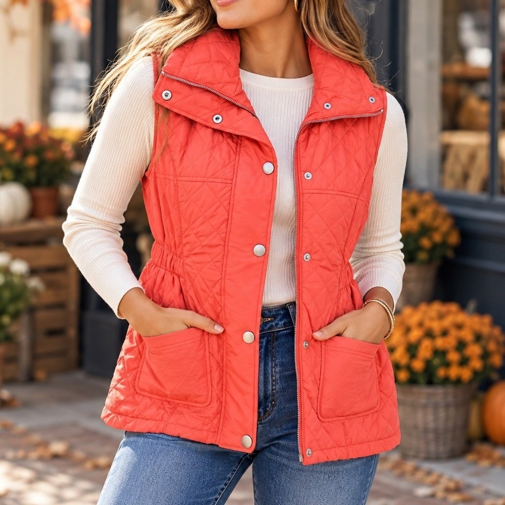 Peck & Peck Quilted Vest Women Large Orange Excellent Cinched Puffer Plaid